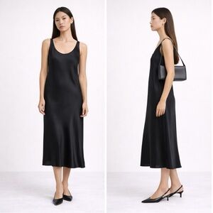 VINCE Black Satin Sleeveless Slip Midi dress
